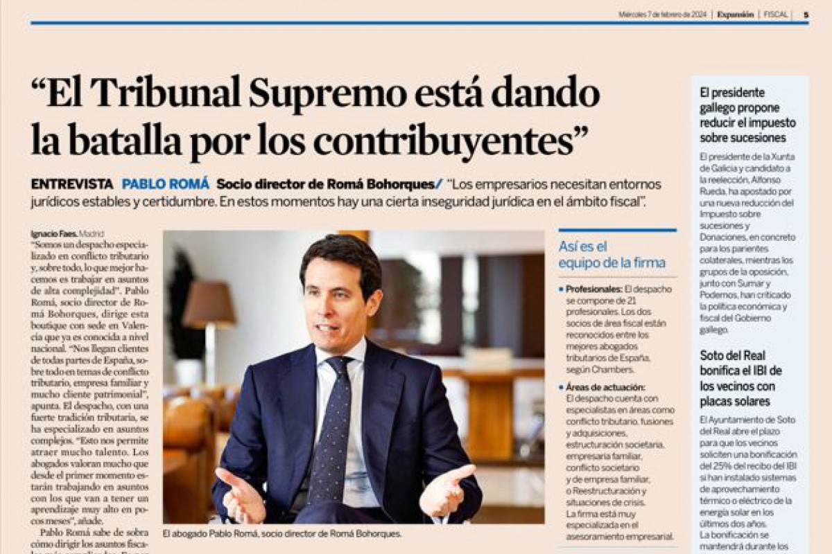 Pablo Romá en Expansión: "El Tribunal Supremo está dando la batalla por los contribuyentes"